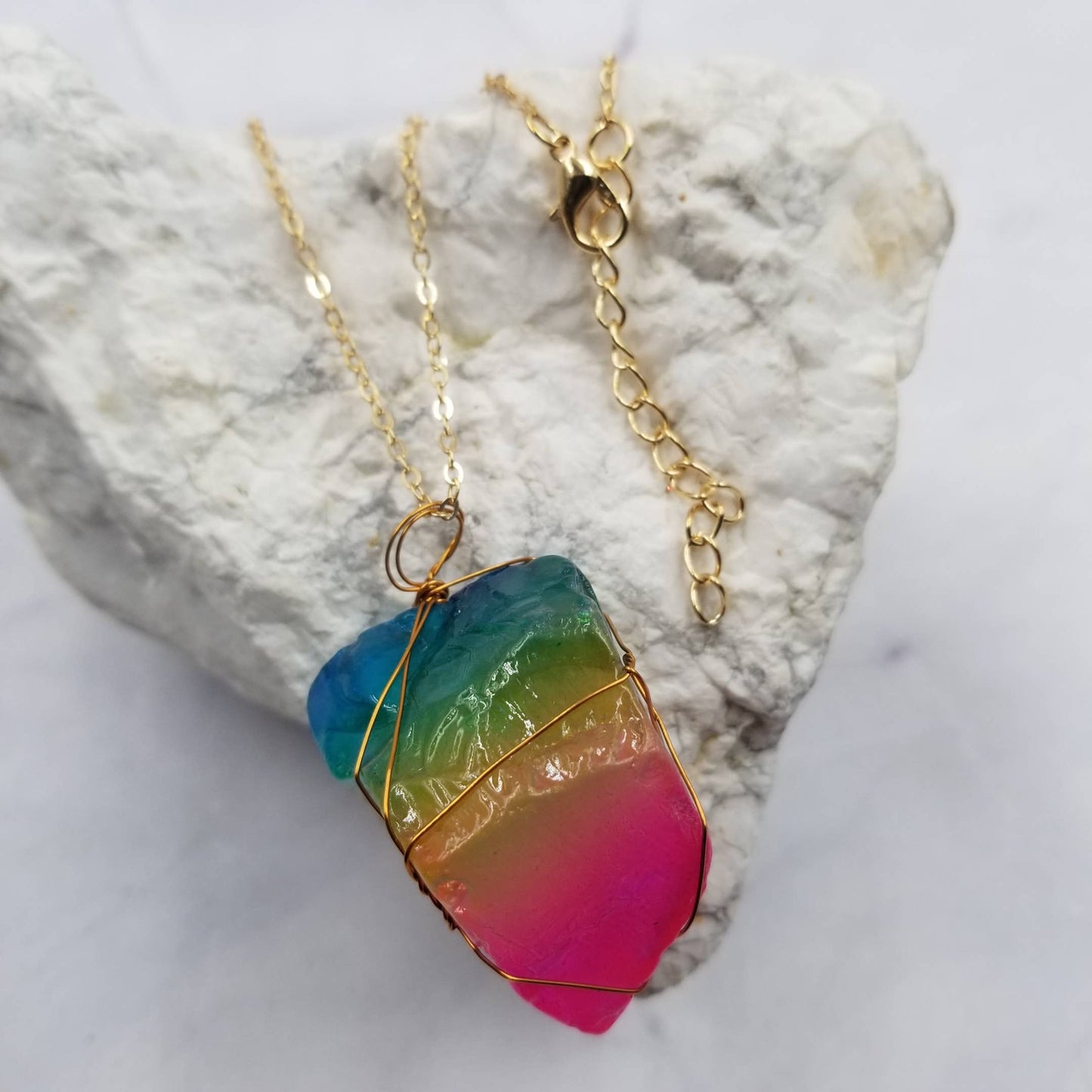 Rainbow crystal-style wire-wrapped pendant necklace with delicate gold-tone chain