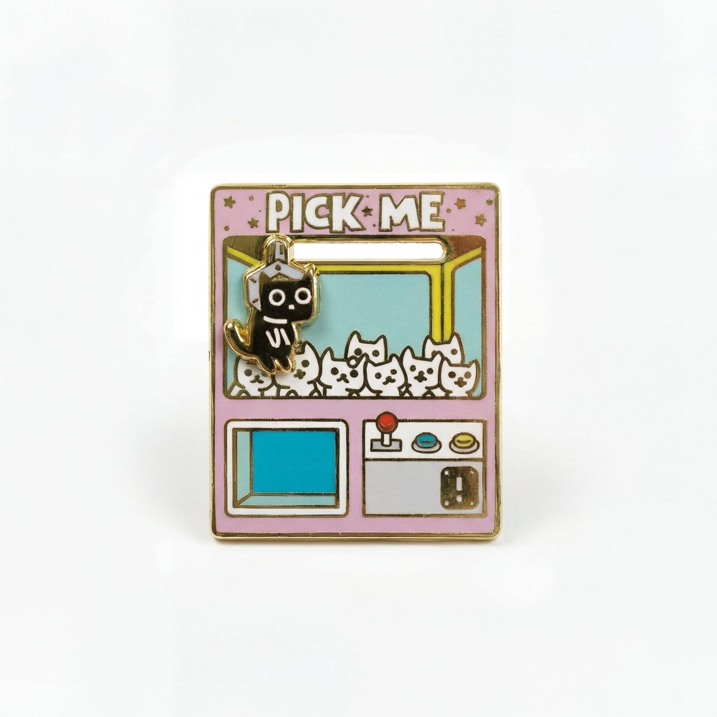Interactive Pick Me Claw Machine deluxe enamel pin featuring a movable black cat inside a colorful arcade claw machine