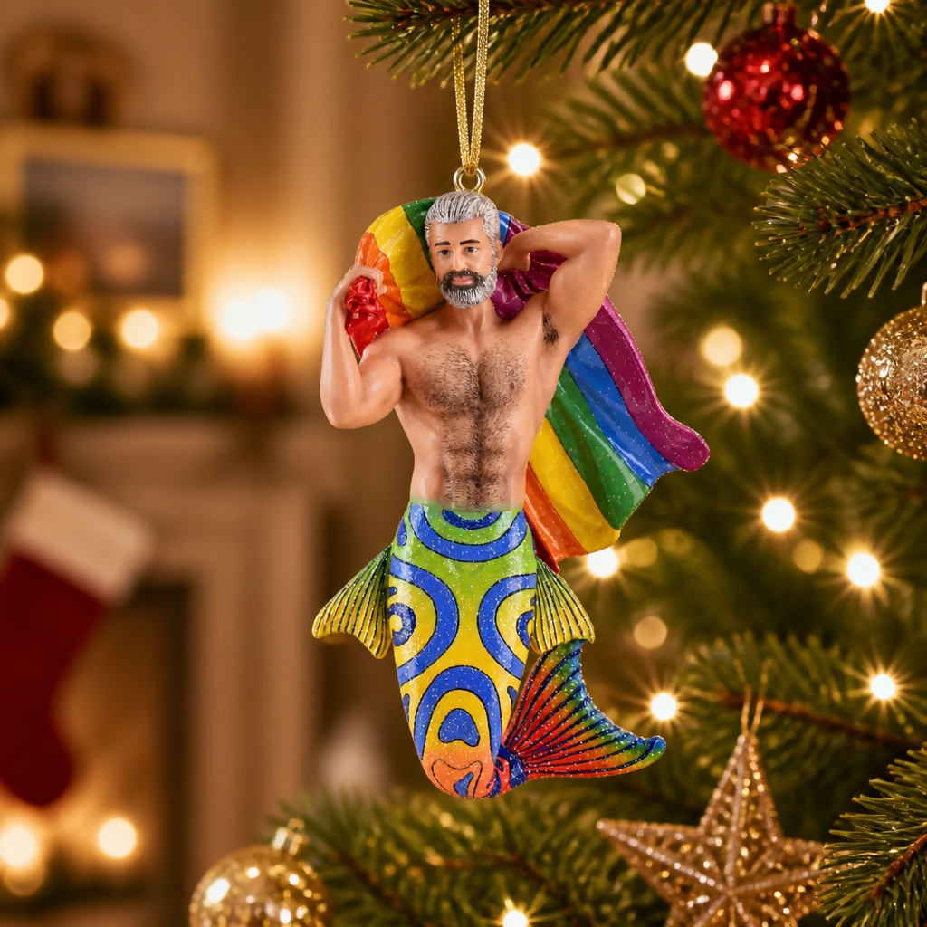 Pride Merman collectible ornament featuring a colorful rainbow tail and flowing rainbow Pride flag.