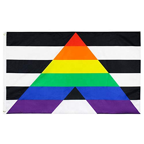 Ally Pride outdoor flag with rainbow A symbol and black white stripes on a white background