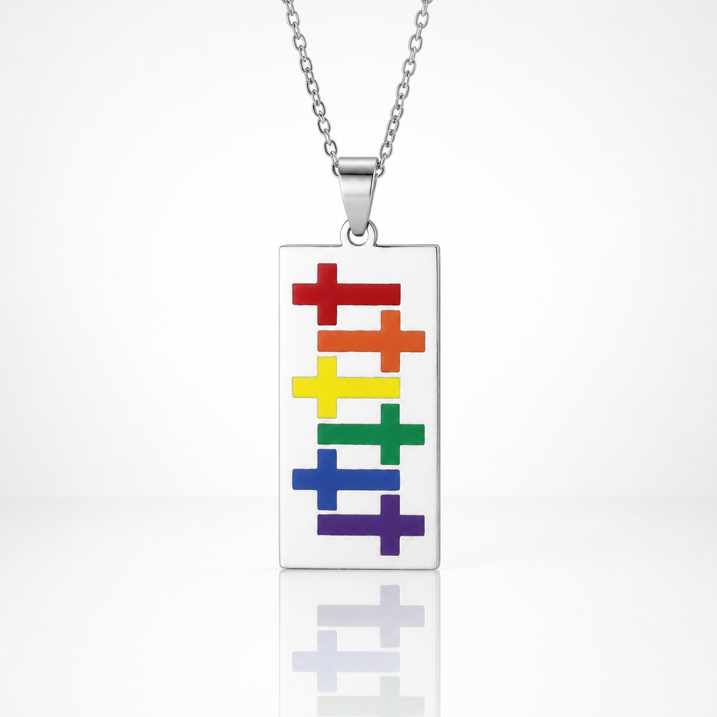 Stainless steel rainbow equality pendant necklace with colorful Pride-inspired geometric design