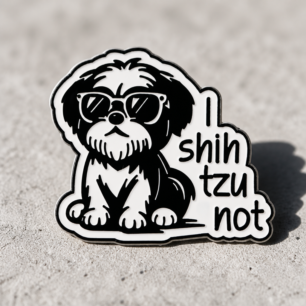 Black and white Shih Tzu dog enamel pin wearing sunglasses with I Shih Tzu Not text displayed on a concrete surface