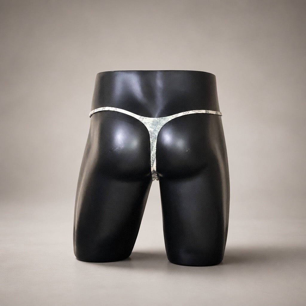 Rear View of Money Maker money-print men’s Muscle thong by PapiMalo Gear