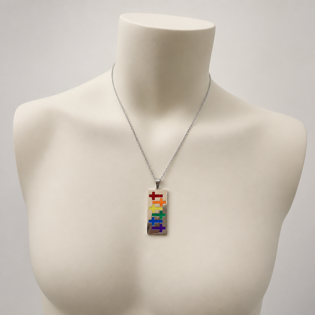 Rainbow Equality Pendant Necklace displayed on a neutral jewelry mannequin to show necklace size and length