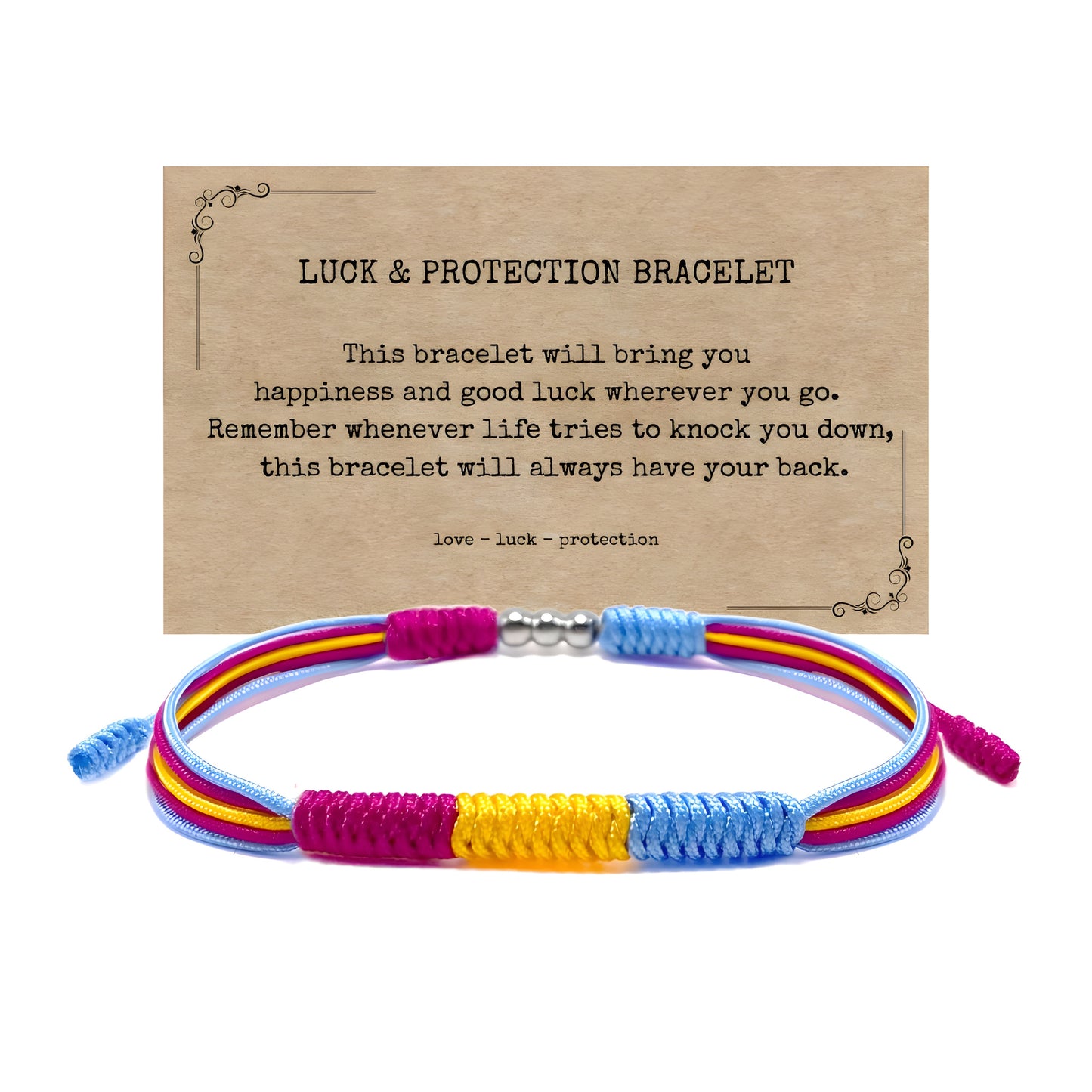 Pansexual Pride braided cord bracelet with adjustable closure in pink yellow and blue pride colors with keepsake card