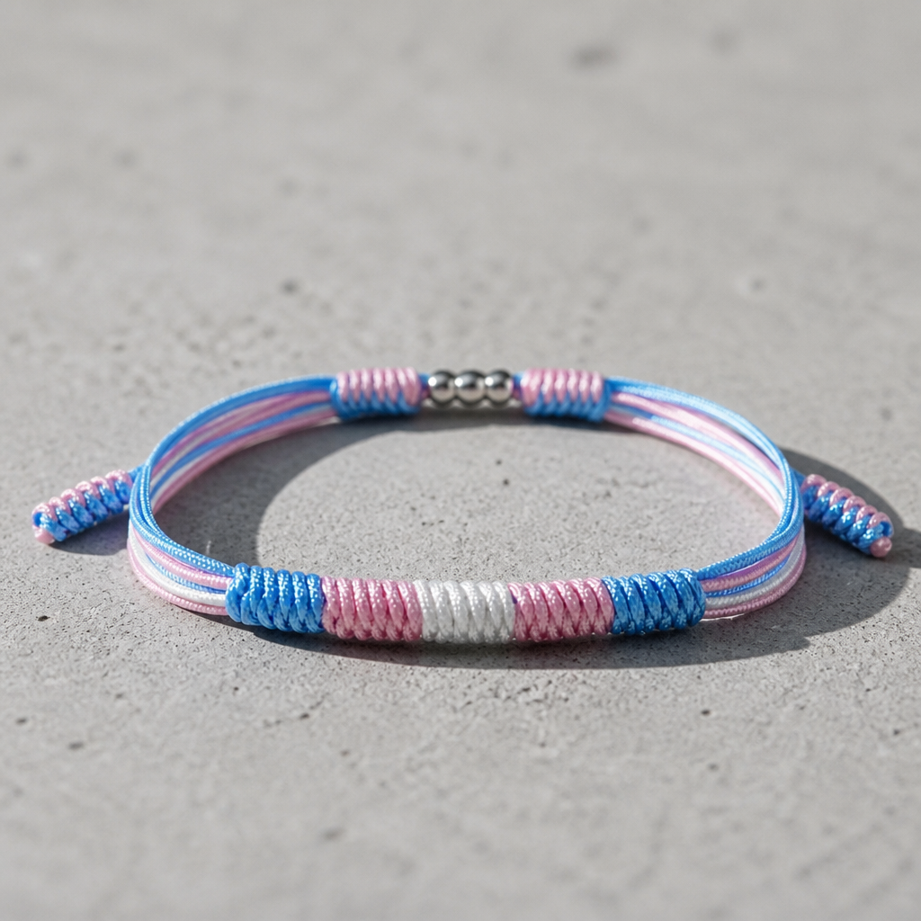 Transgender Pride braided cord bracelet with adjustable closure in pink blue and white flag colors