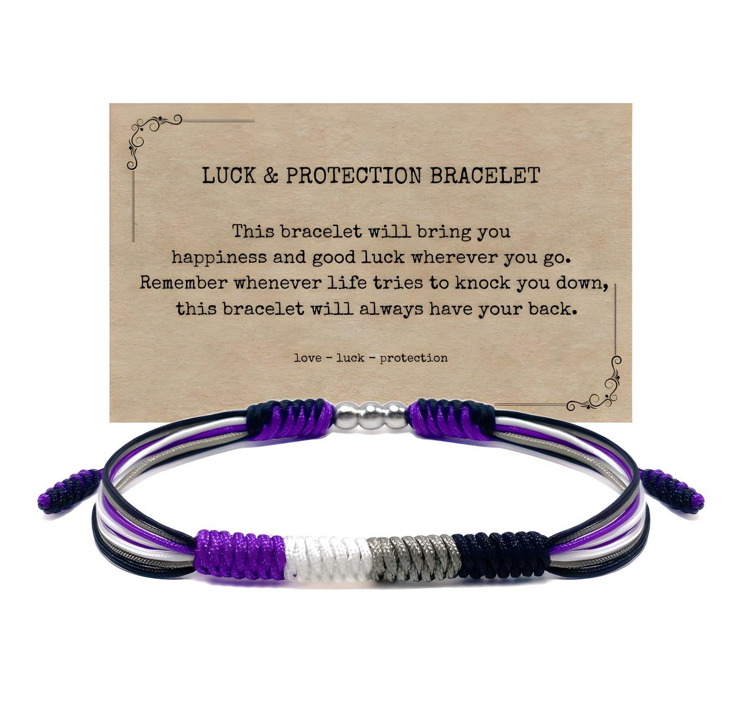 Ace Pride braided cord bracelet featuring black, gray, white, and purple Asexual Pride flag colors with adjustable closure and Luck & Protection keepsake card.