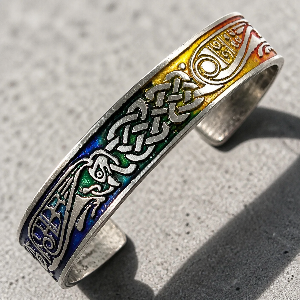 Handcrafted Celtic Guardian Rainbow cuff bracelet featuring intricate Celtic knotwork and vibrant rainbow artisan coloring on a cement surface