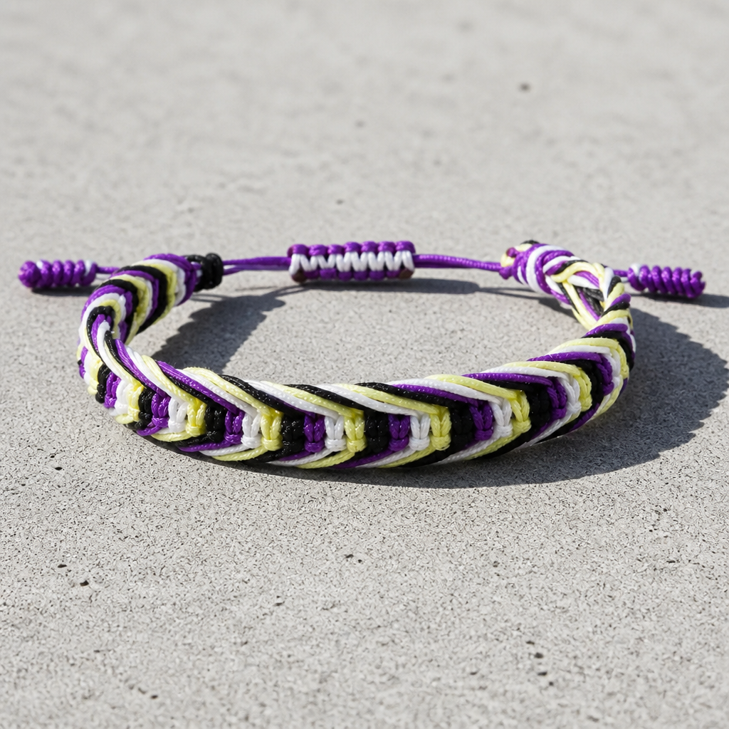 Nonbinary Pride woven cord bracelet with adjustable sliding knot closure in yellow white purple and black pride colors on a cement surface