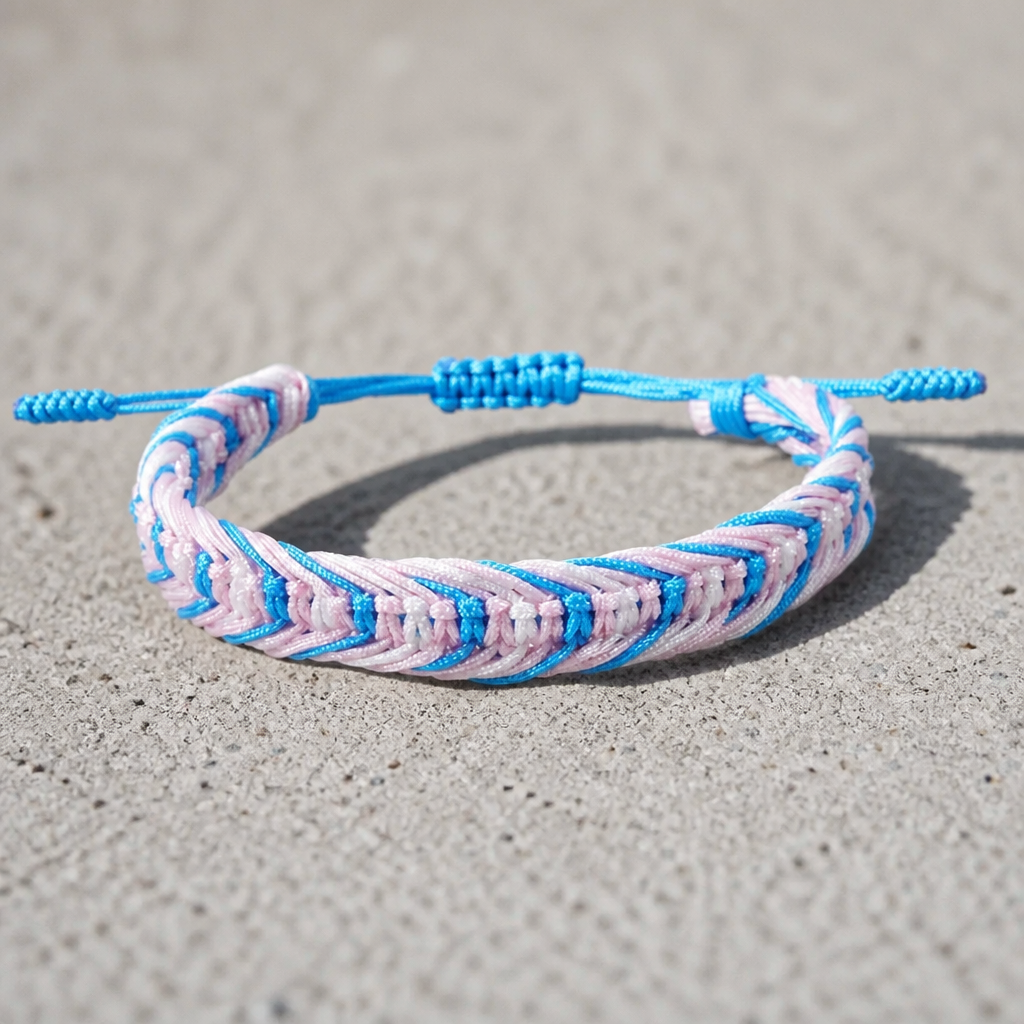 Trans Pride woven cord bracelet with adjustable string tie and pink blue white transgender pride colors on a concrete surface
