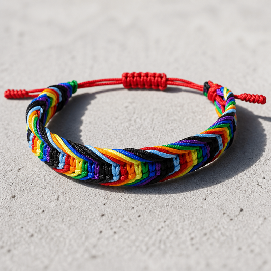Rainbow Pride woven cord bracelet with adjustable closure and colorful braided rainbow design on a concrete surface