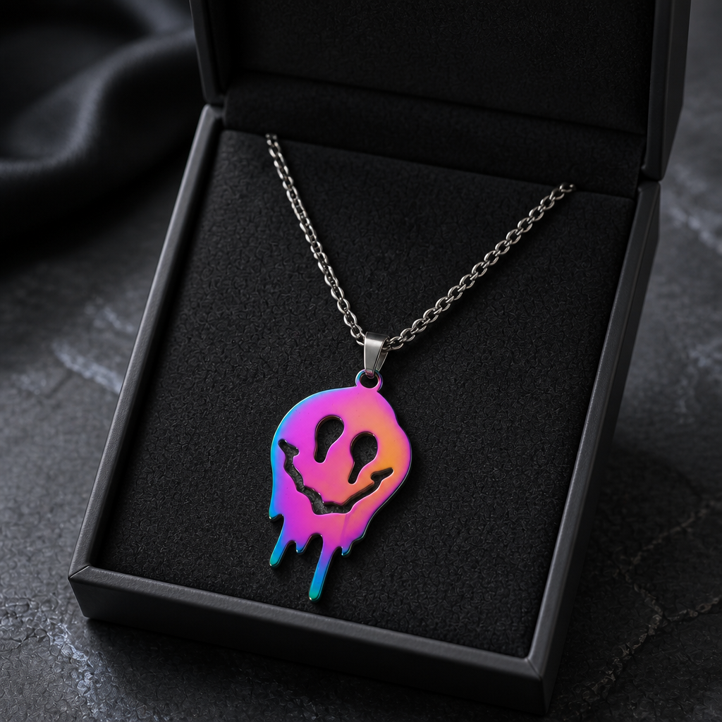 Iridescent rainbow ghost pendant necklace with colorful metallic finish on dark chain in a jewelry box