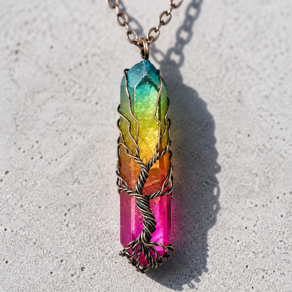 Rainbow quartz Tree of Life necklace with antique brass wire wrapping and colorful LGBTQ pride crystal pendant on a concrete surface