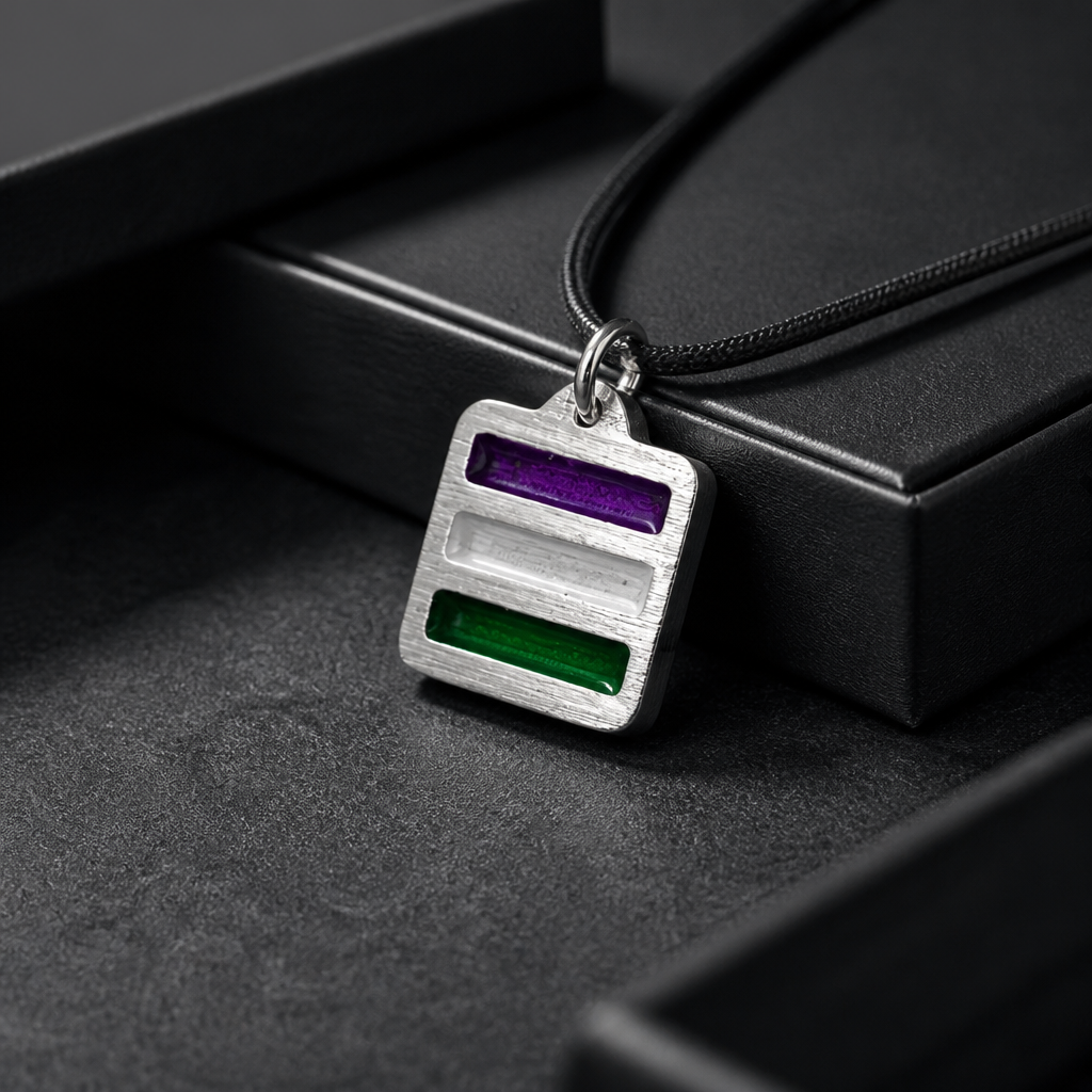 Handcrafted pewter pendant featuring the Genderqueer Pride flag in a modern geometric design on an adjustable black waxed cord on a black jewelry box