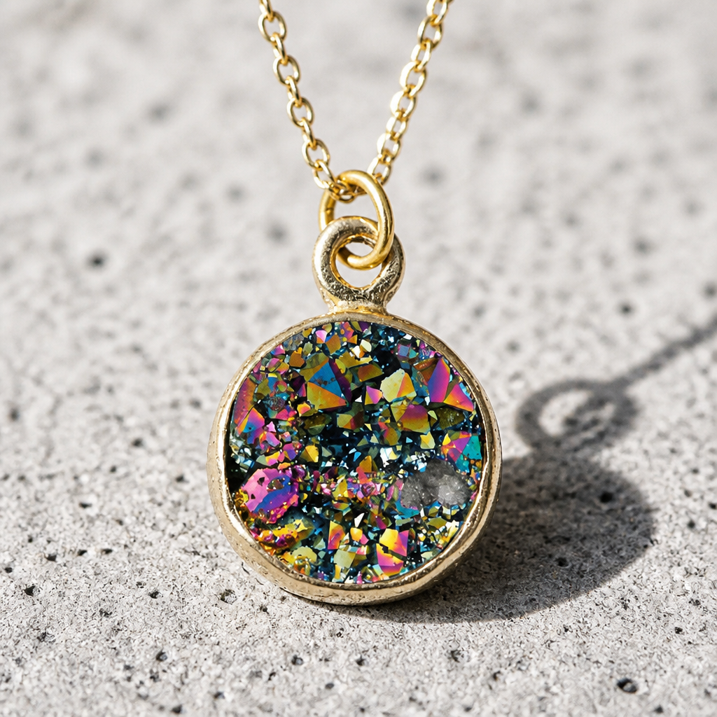 Gold-tone necklace featuring a round iridescent natural stone pendant with shimmering rainbow-like crystal reflections on a cement surface