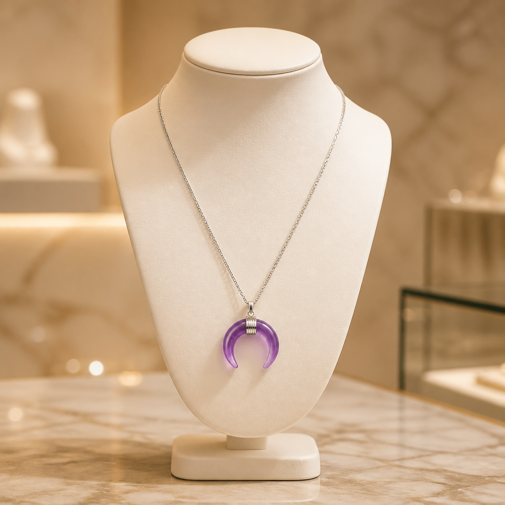 Silver-tone necklace featuring a polished genuine amethyst crescent moon pendant on a delicate chain on a mannequin bust