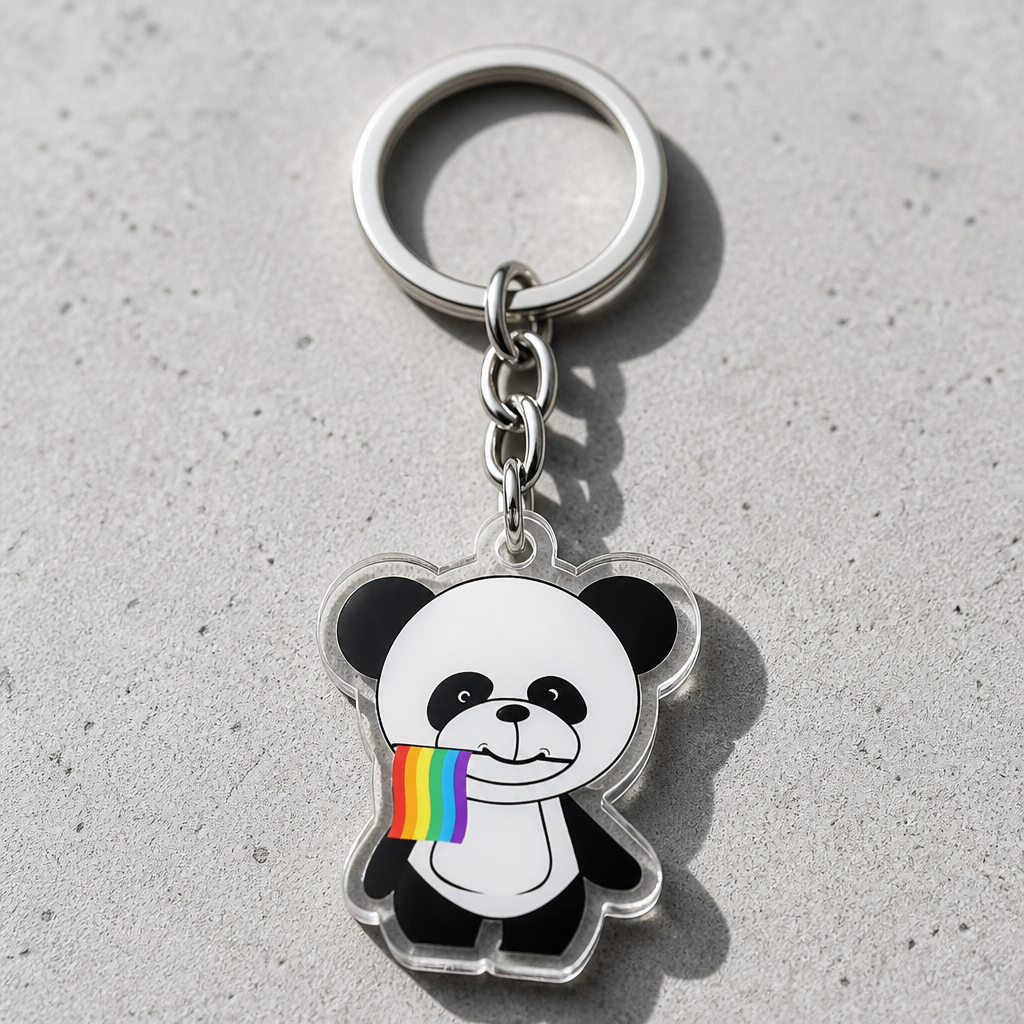 Cute panda acrylic keychain holding LGBTQ rainbow pride flag on a concrete surface