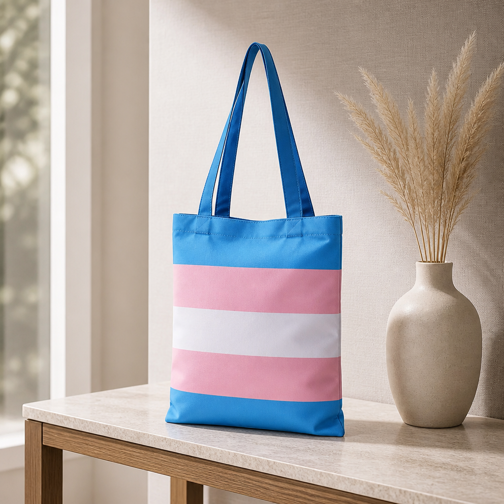 Transgender Pride tote bag with blue pink and white flag stripes on a wooden table