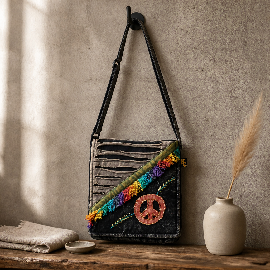 Vintage-inspired black crossbody bag featuring an embroidered peace sign, colorful rainbow fringe accents, and decorative razor-cut detailing on a bench