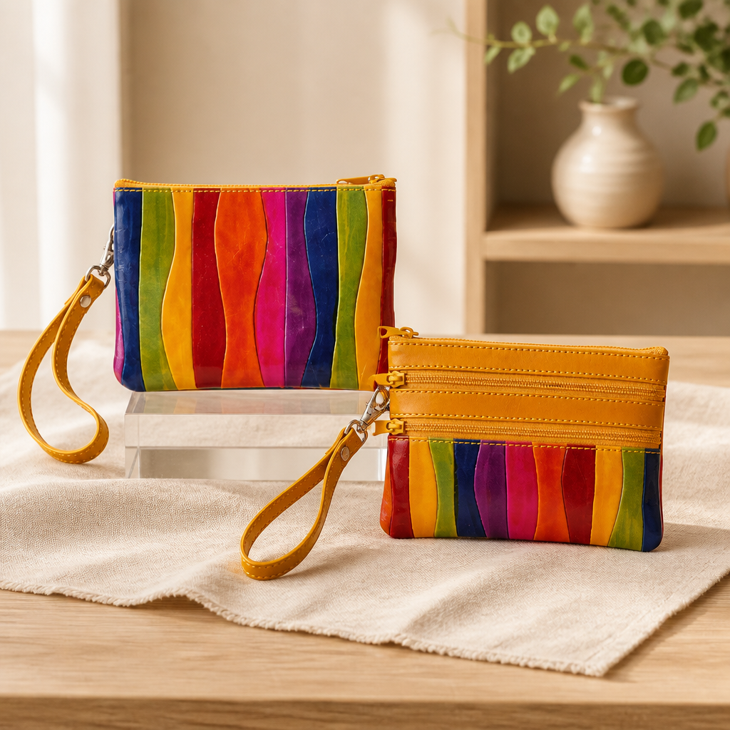 Small handcrafted rainbow leather wristlet featuring multiple zippered compartments and a removable wrist strap on a wooden table