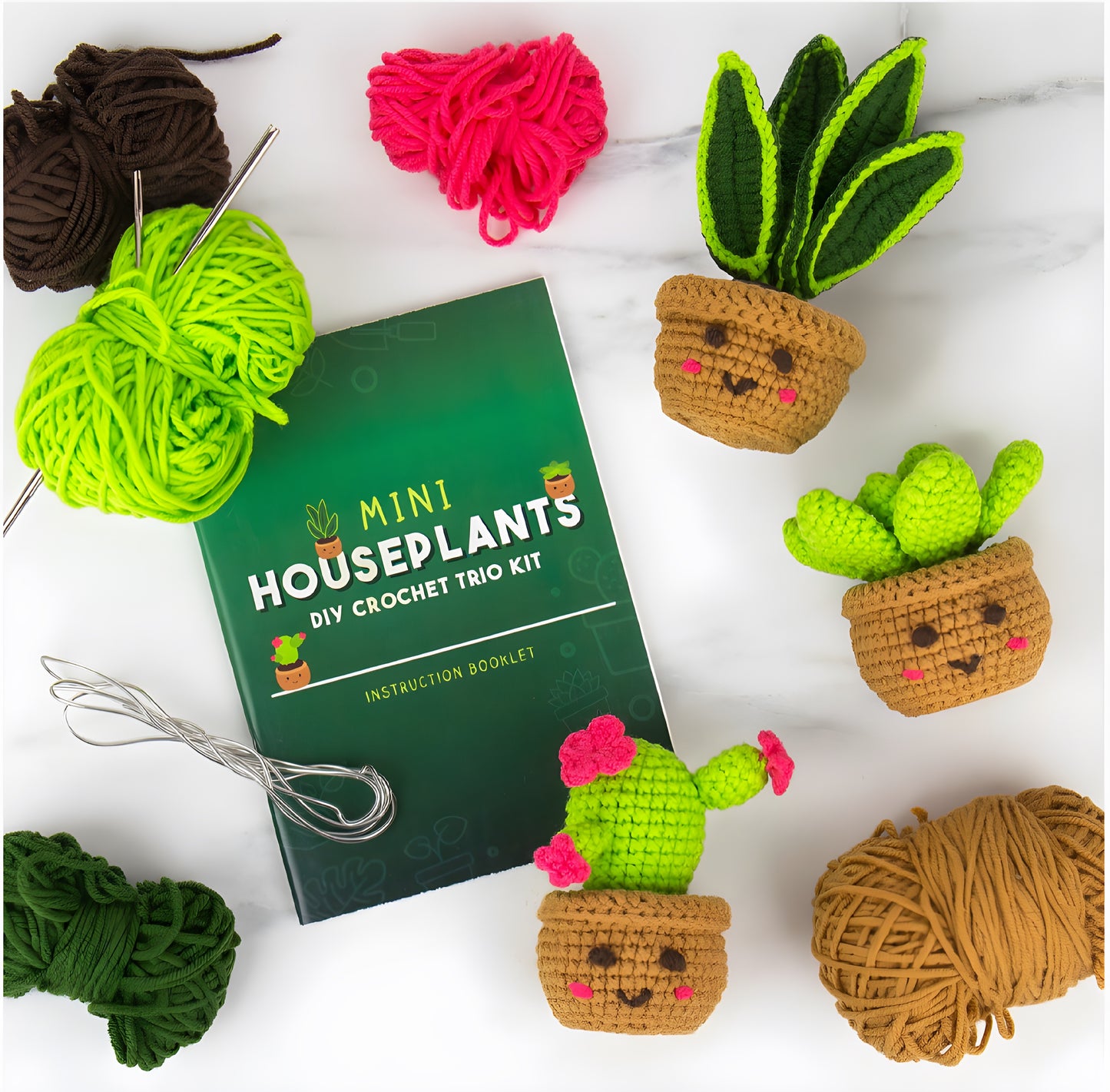 DIY crochet kit for making three adorable mini houseplants with all materials included.