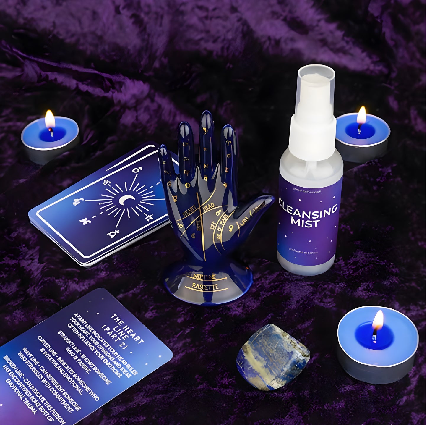 Palm Reading Party Kit with cards, candles, cleansing spray, palm guide, and accessories for hosting a mystical party.