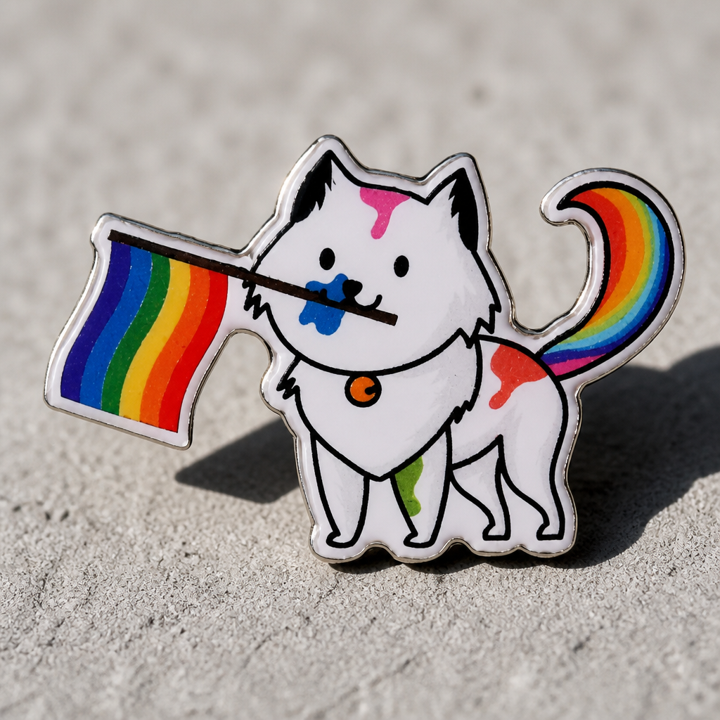 White rainbow pride cat enamel pin holding LGBTQ rainbow flag with colorful rainbow tail on a concrete surface