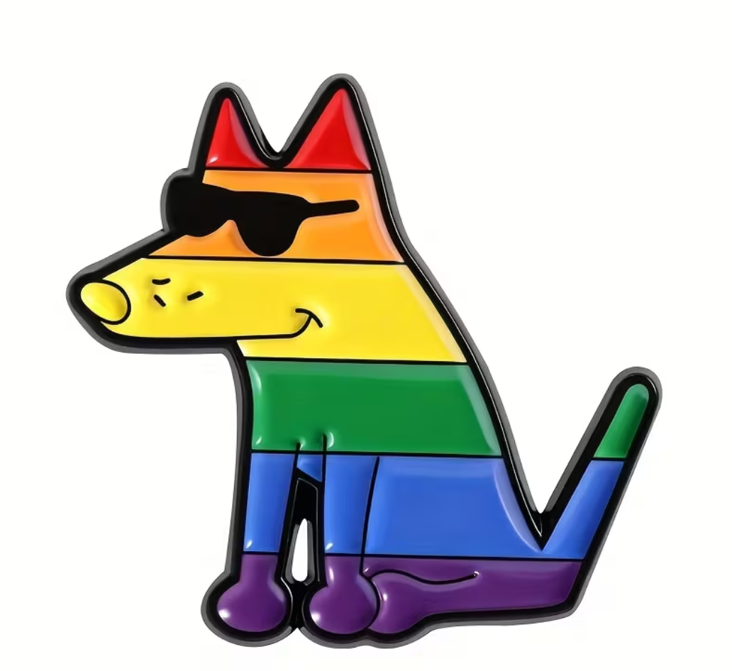 Cool Rainbow Dog enamel pin with colorful Pride stripes and sunglasses