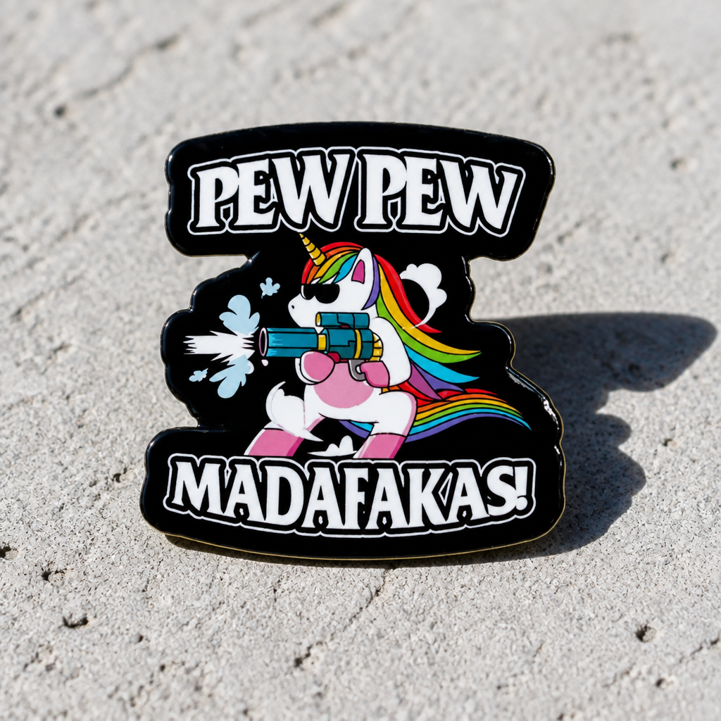 Funny rainbow unicorn enamel pin with chaotic parody artwork and Pew Pew Madafakas text on a concrete surface