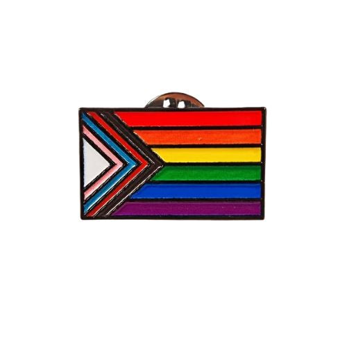 Progress Pride Flag enamel pin with vibrant inclusive LGBTQ+ Pride flag colors