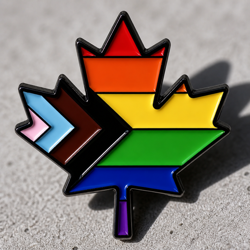 Rainbow maple leaf enamel pin featuring Progress Pride flag colors on a concrete surface