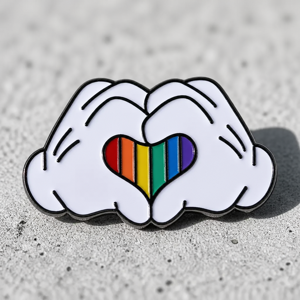 Cartoon-inspired gloved hands enamel pin forming a rainbow Pride heart on a concrete surface