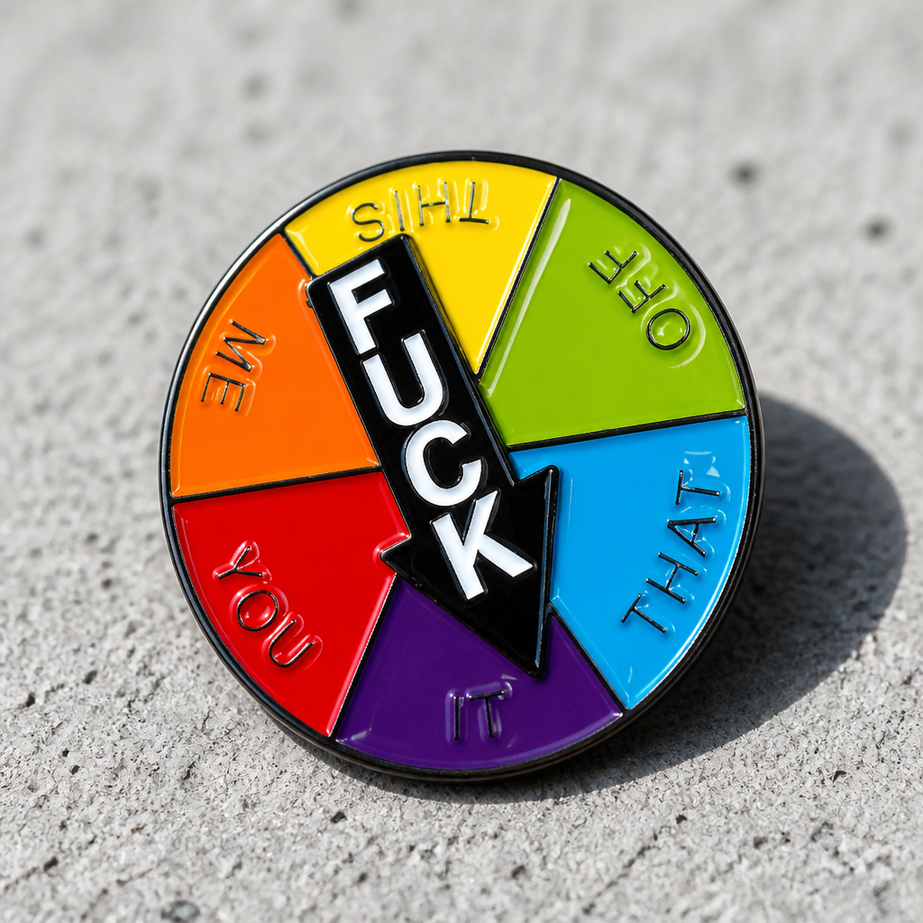 Funny rainbow spinner enamel pin with functional spinning arrow and sarcastic humor design on a concrete surface