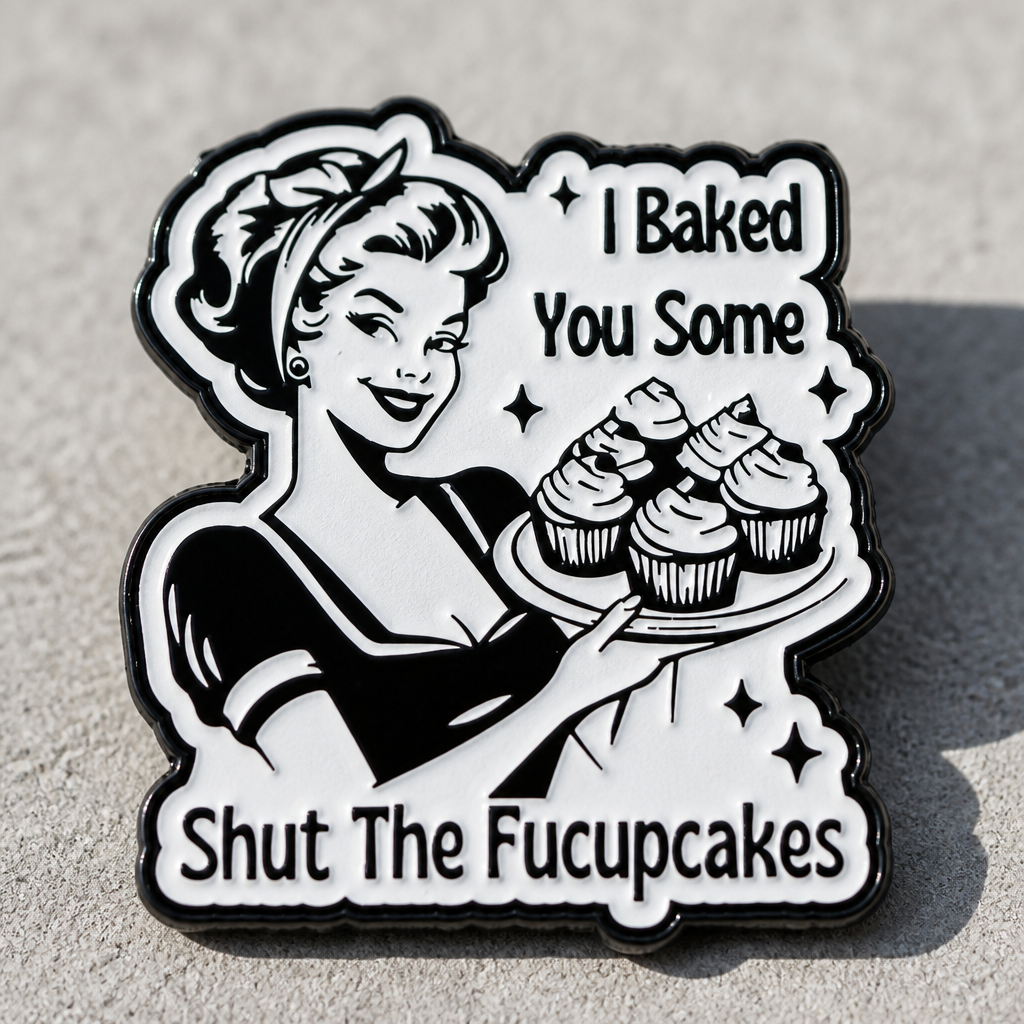 Retro-style enamel pin featuring woman holding cupcakes with “I Baked You Some Shut The Fucupcakes” text on a concrete surface
