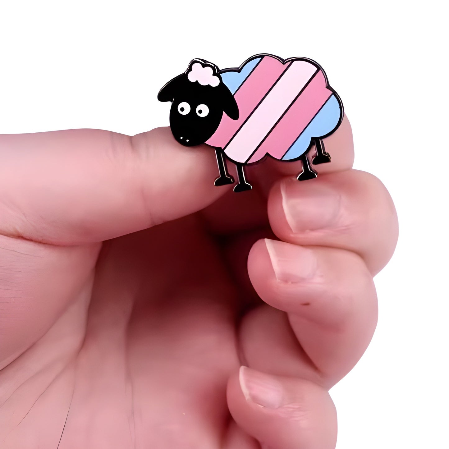 Cute Trans Pride Sheep enamel pin with pastel transgender flag colors held in a hand