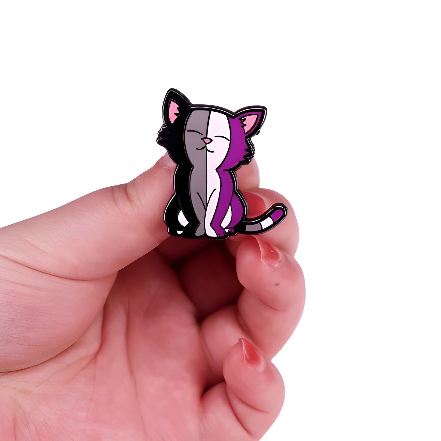 Cute ACE Chill Cat enamel pin featuring smiling cat in asexual pride flag colors held in a hand