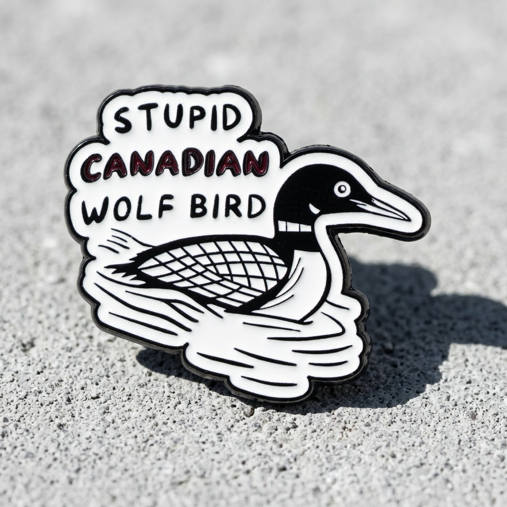 Heated Rivalry enamel pin featuring loon bird artwork and “Stupid Canadian Wolf Bird” quote on a concrete surface