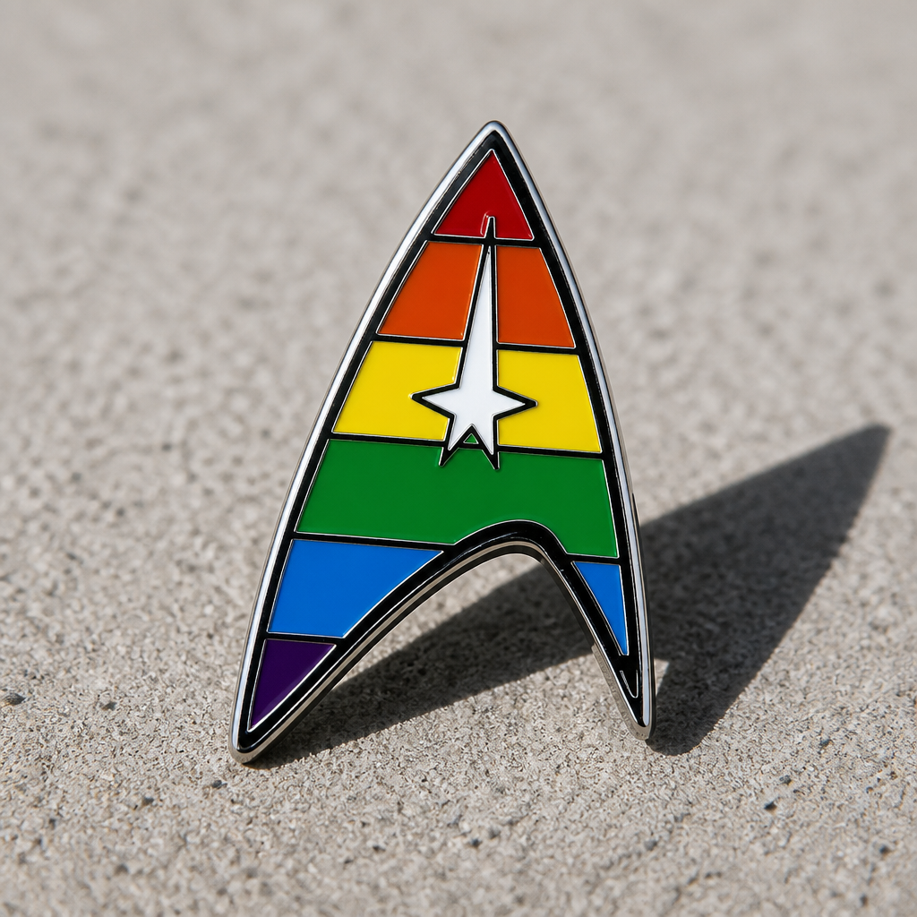 Rainbow space explorer inspired insignia enamel pin with LGBTQ Pride colors