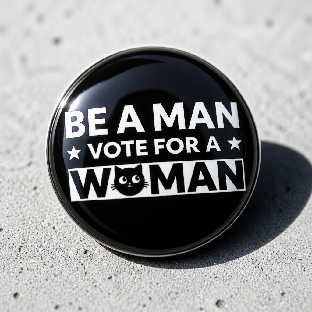 Round enamel pin reading "Be A Man, Vote For A Woman" with bold black and white design