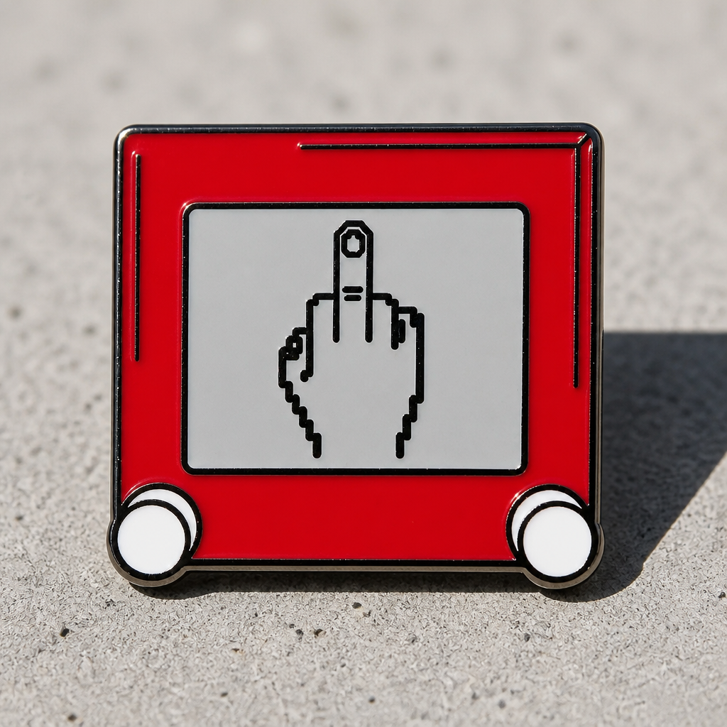 Premium hard enamel pin styled like a classic retro sketch toy featuring a humorous pixel-style drawing on the screen with black metal plating on a concrete surface