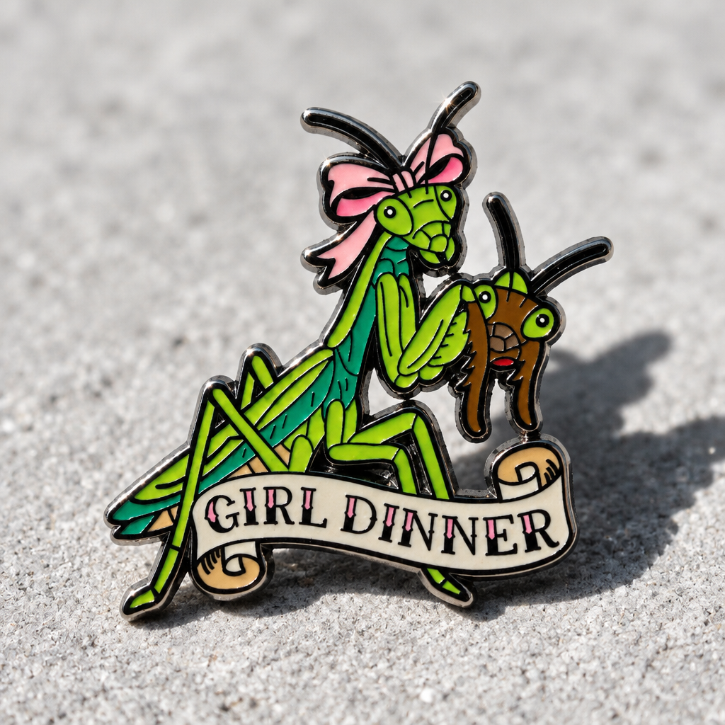 Girl Dinner hard enamel pin featuring a green praying mantis with a pink bow holding another mantis head on a concrete surface
