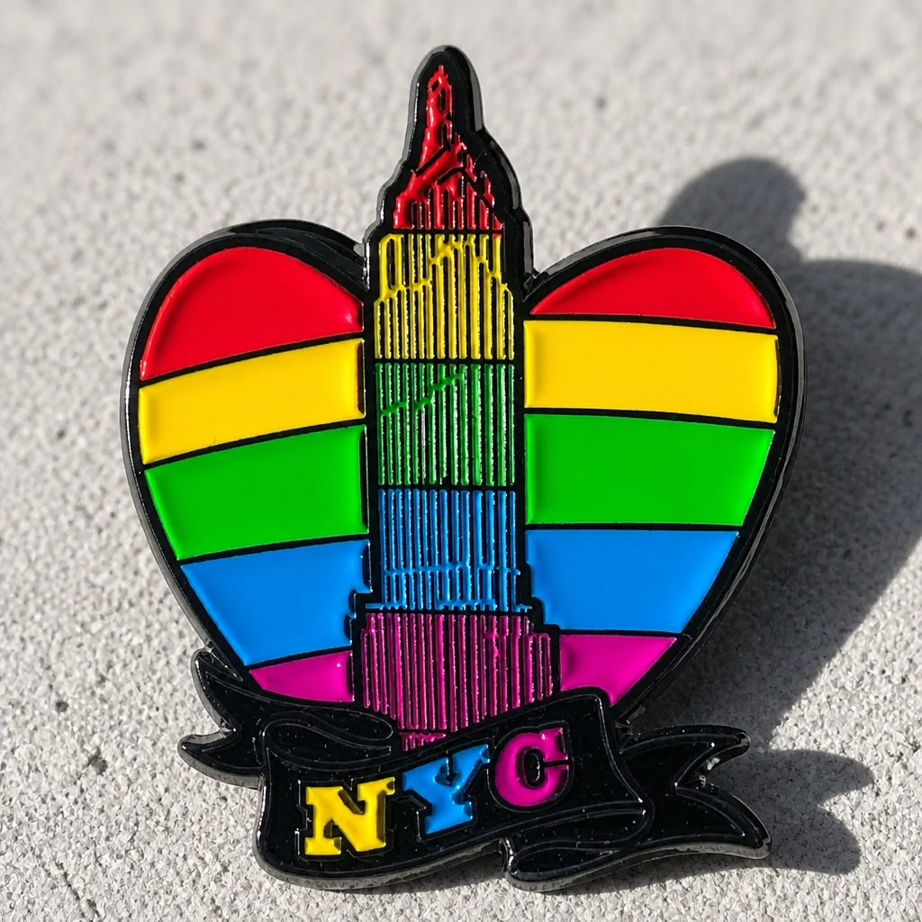 Hard enamel New York City Pride pin featuring the NYC skyline inside a rainbow heart with NYC lettering on a concrete surface