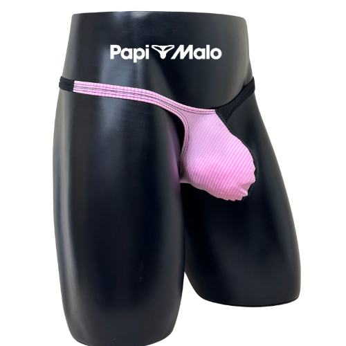Side view of black and pink pinstripe men’s classic thong by PapiMalo Gear