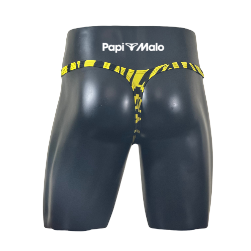 Back view of black and yellow zebra print men’s classic thong by PapiMalo Gear