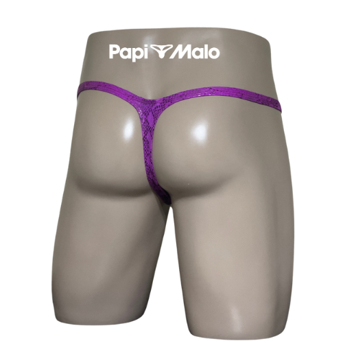 Back view of purple snakeskin-inspired men’s classic thong by PapiMalo Gear