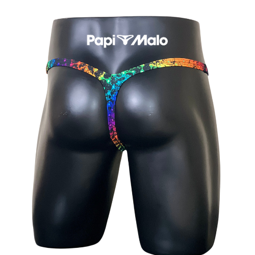 Back view of rainbow abstract print men’s classic thong by PapiMalo Gear