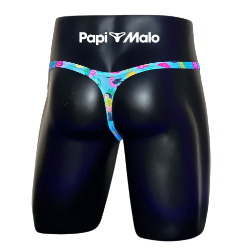 Back view of tropical aqua print men’s classic thong by PapiMalo Gear