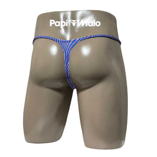 Back view of blue and pink psychedelic wave men’s locker room thong by PapiMalo Gear