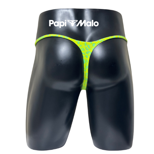 Back view of lime green and turquoise animal print men’s locker room thong by PapiMalo Gear