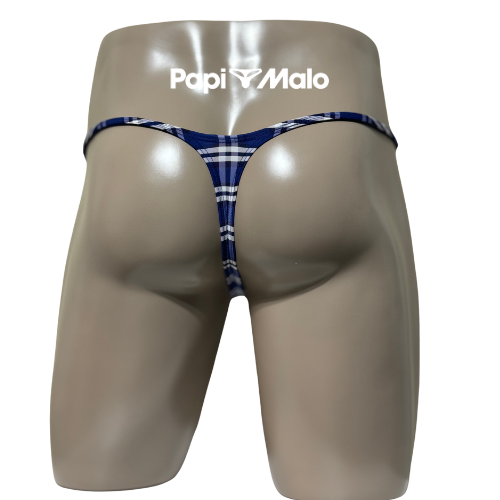 Back view of navy blue tartan men’s locker room thong by PapiMalo Gear